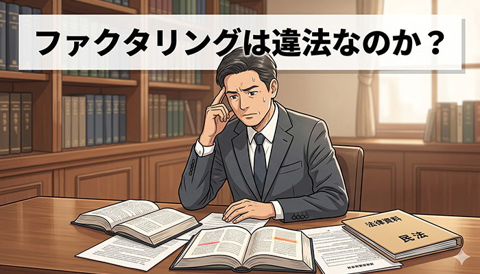 デスクで法律資料や民法などの専門書を広げ、深刻な表情で「ファクタリングは違法なのか？」と思案するスーツの男性のイラスト