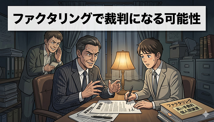 薄暗い事務所で、悪徳業者の男性2人が不安げな表情の若い男性にファクタリング契約書へのサインを迫る様子を描いたイラスト