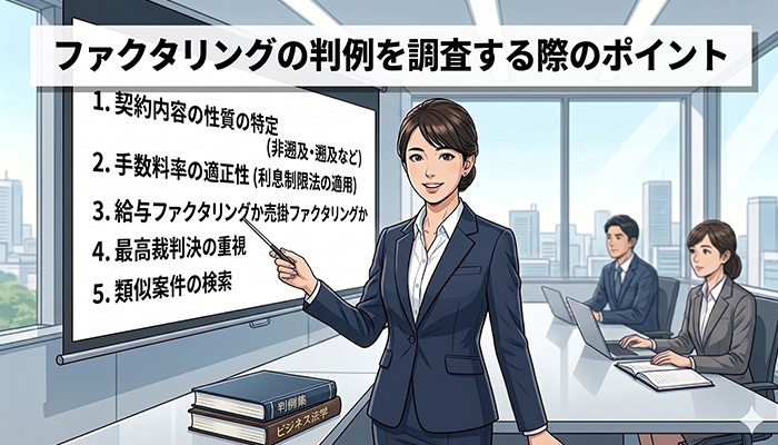 ファクタリングの判例を調査する際のポイント（明るいオフィスで、スーツ姿の女性がホワイトボードに書かれた「ファクタリングの判例を調査する際のポイント」を指し示しながら解説しているイラスト）